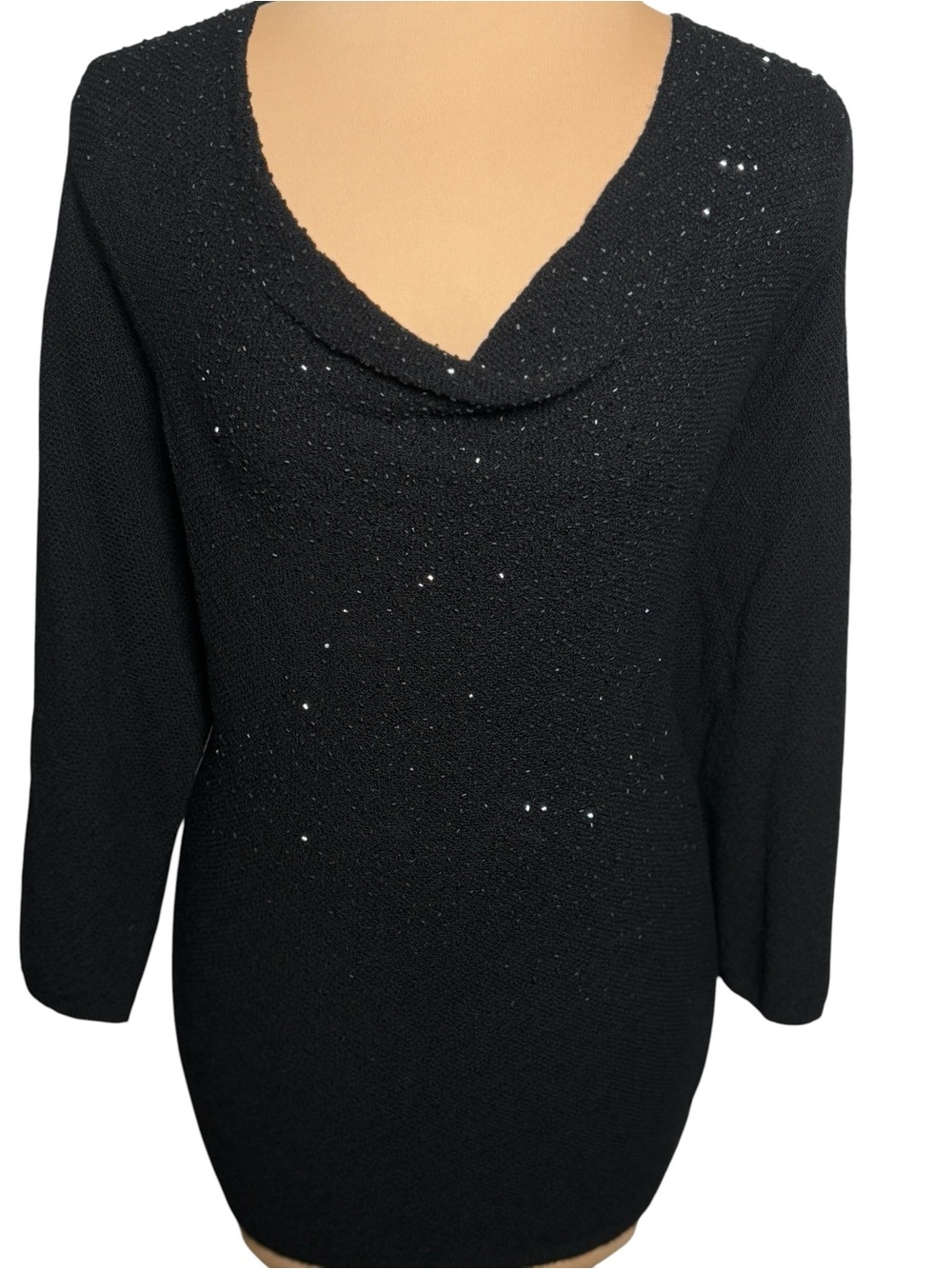Eileen Fisher System Italian Merino Wool Beaded Cowl Neck Sweater Black Size L